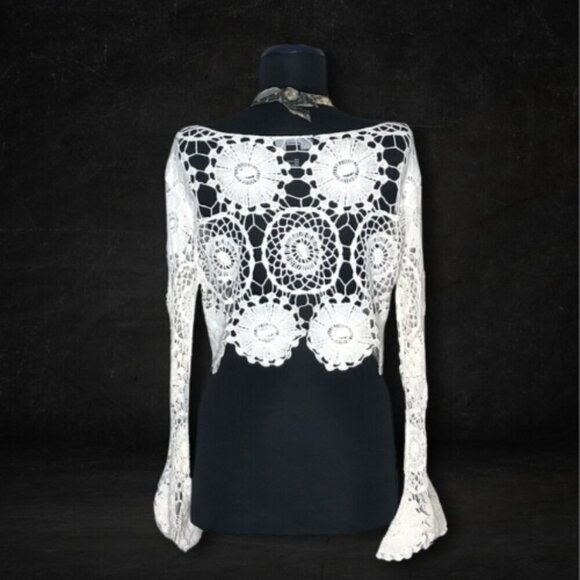 Forever 21 Crochet Top Bell Sleeves Lace Floral Off White Small - Picture 3 of 11